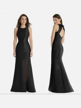 Alfred Sung Black Jewel Neck Open Back Bow Back-Tie Evening Gown